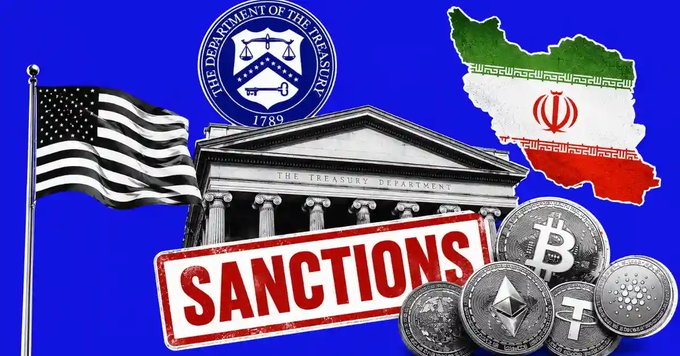 A graphic showing the US Department of the Treasury building, American flag, Iranian flag map, 'SANCTIONS' stamp, and various cryptocurrency coins including Bitcoin, Ethereum, and Tether.