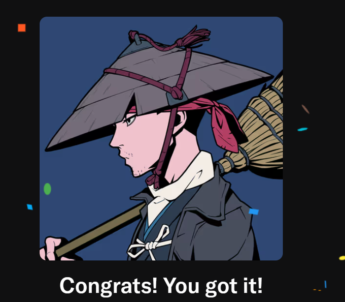 An anime-style character wearing a traditional Asian conical hat and dark clothing, holding a staff, with the text 'Congrats! You got it!' below.