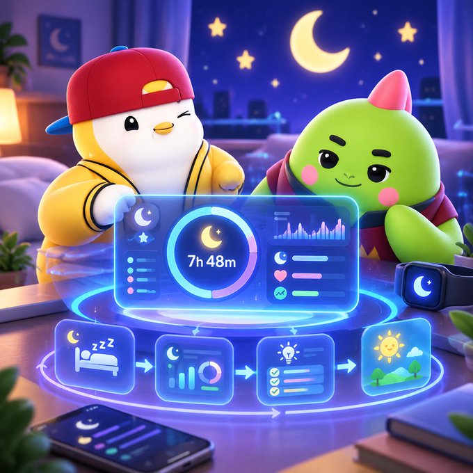A 3D-rendered illustration shows a penguin in a red cap and a green character looking at a holographic sleep tracking interface displaying '7h 48m' with various sleep icons.