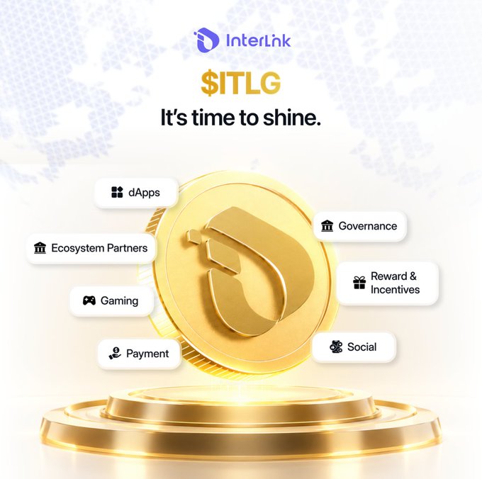 A promotional graphic for 'InterLink' featuring a large gold coin with a 'J' logo on a pedestal, with the text '$ITLG It's time to shine.' and labels pointing to features like 'dApps', 'Gaming', and 'Governance'.