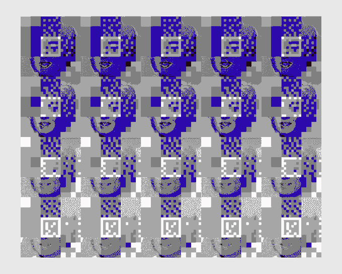 A grid of pixelated, glitchy blue and gray images showing a face with the word 'LASER' repeated across it.