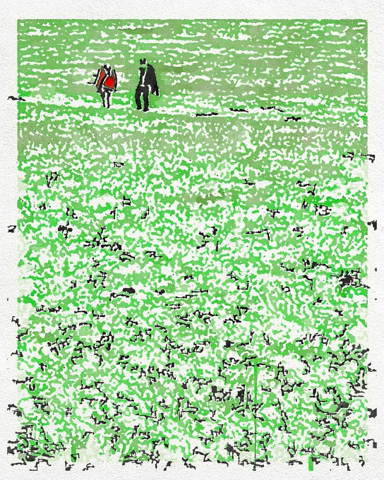 A stylized, textured illustration resembling a print, depicting two small figures standing on a green shoreline looking out over a vast field of green and white patterns suggesting water or land.