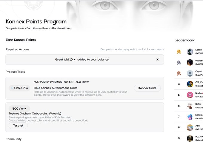 The image displays the "Konnex Points Program" dashboard, showing users can earn points by completing tasks such as holding "Konnex Autonomous Units" for a 1.25-1.75x multiplier and participating in weekly Testnet Onboarding quests worth 500 points each. The leaderboard on the right ranks top participants like "Karan" and "okiyab," illustrating Konnex's community engagement and task-based reward system that supports the project's $15M-funded vision of building a decentralized network for robots and robotic AI.