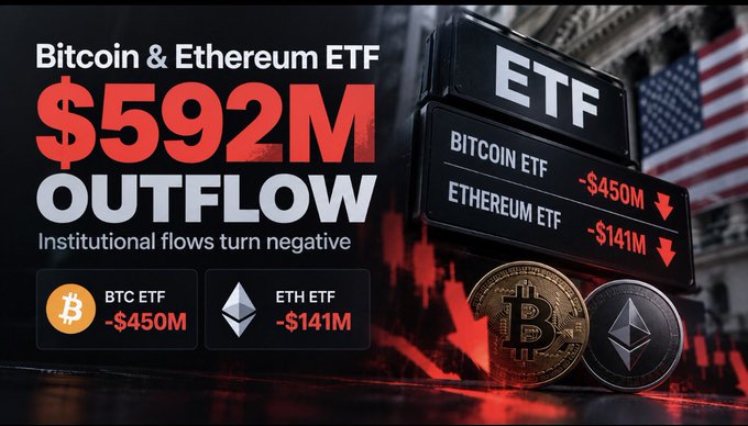 A financial graphic showing "Bitcoin & Ethereum ETF $592M OUTFLOW" with "BTC ETF -$450M" and "ETH ETF -$141M" displayed against a red downward chart background.