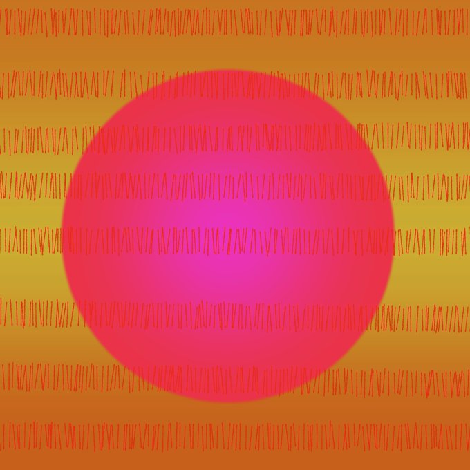 A digital artwork features a pink-to-magenta gradient sphere set against an orange background with horizontal zigzag patterns.