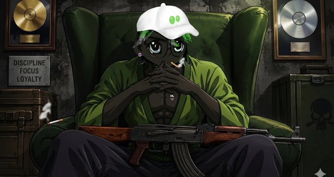 An illustrated character wearing a green 'soulja' cap and green robe, sitting in a green armchair holding an AK-style rifle, with a 'DISCIPLINE FOCUS LOYALTY' plaque and gold/silver records on the walls.