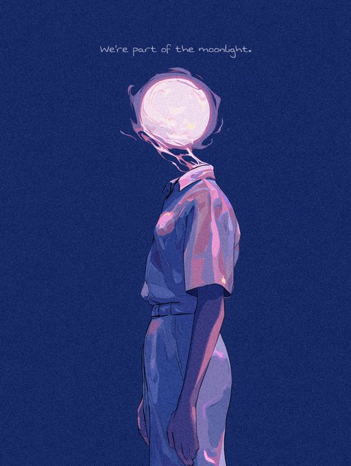 A digital illustration of a figure in a blue and pink shirt standing in profile against a dark blue background, with a glowing moon in place of a head, accompanied by the text 'We're part of the moonlight.'