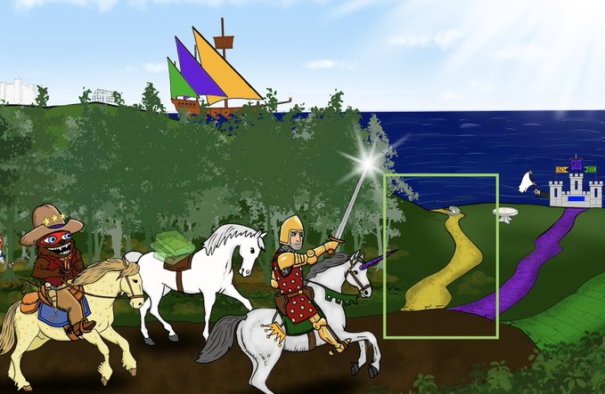 A cartoon cowboy and a knight on horseback ride through a forest near a coastal scene with ships, a castle, and a yellow path leading toward a white bird. The yellow road in the image represents the "yellow brick road" referenced in the caption, guiding the characters' journey.