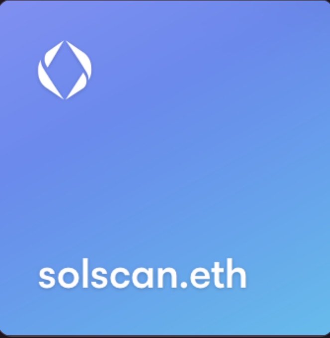 A purple gradient background features a white geometric logo and the text 'solscan.eth' at the bottom.