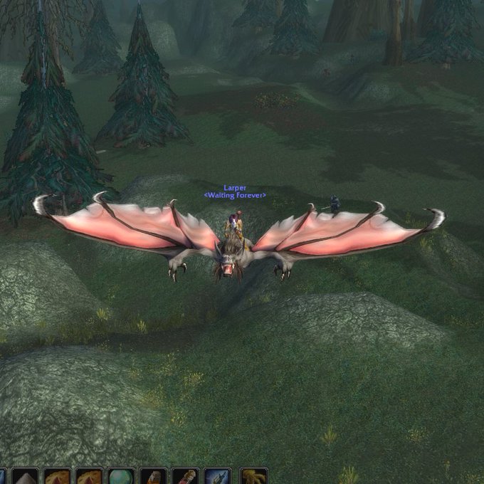 A screenshot from World of Warcraft showing a character named 'Larper <Waiting forever>' mounted on a pink and brown winged dragon-like creature in a forested area.
