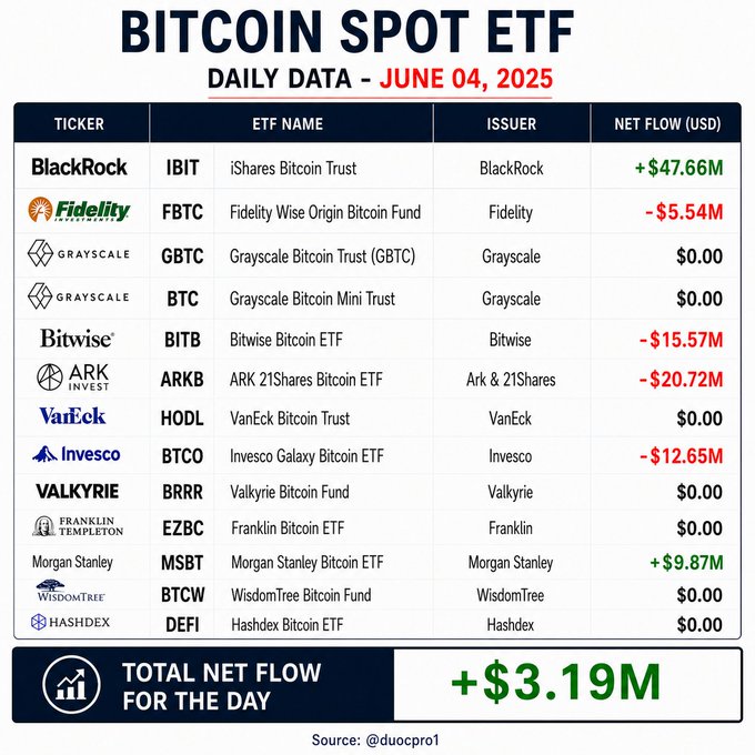 The image shows a table or spreadsheet that displays the daily data for Bitcoin Spot ETF, which tracks Bitcoin positions at various exchanges. The title of the chart reads "Bitcoin Spot ETF - Daily data: June 04, 2005". It provides a detailed summary of the fund's performance and the corresponding values for each exchange. The information also includes several logos from well-known entities such as BlackRock, Fidelity, Ark, and Bitcoin Trust.