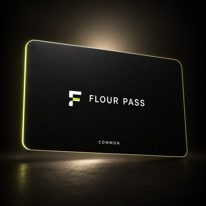 A sleek black card labeled 'FLOUR PASS' with 'COMMON' at the bottom, glowing with a yellow-green neon outline against a dark background.