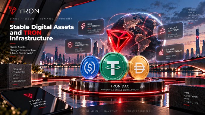 A promotional graphic for TRON blockchain features the text 'Stable Digital Assets and TRON Infrastructure' alongside illustrations of USDC, USDT, and Bitcoin tokens on a pedestal.