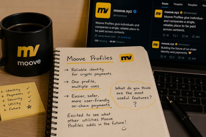 The image features an open notebook with writing on it, a black coffee mug, and a laptop computer sitting on top of a desk. The notebook contains information about Moove Profiles, which seems to be related to identity management for crypto payments. The presence of these items suggests that someone might have been working on a project or task involving Moove Profiles, possibly for personal or professional use.