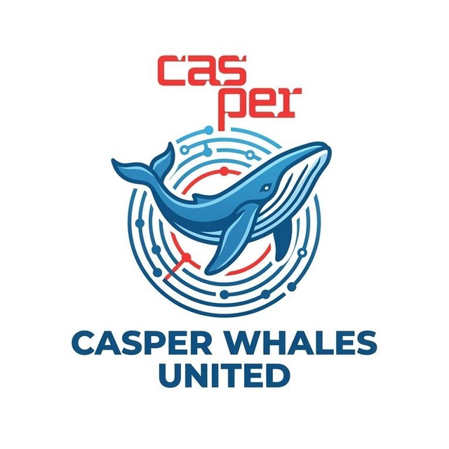The image features a logo for Casper Whales United, an organization dedicated to whale conservation efforts. The logo includes a blue whale surrounded by circles of red dots, symbolizing the interconnectedness of marine life. The text "Casper Whales United" is written in bold letters below the whale design.