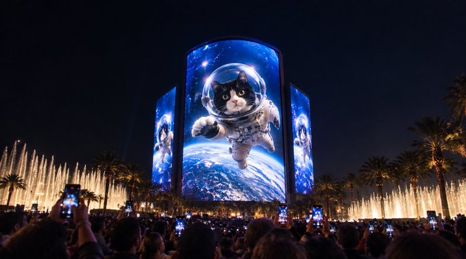 A nighttime outdoor event with fountains and a large cylindrical screen displaying an astronaut cat floating above Earth, while a crowd watches and records with phones.