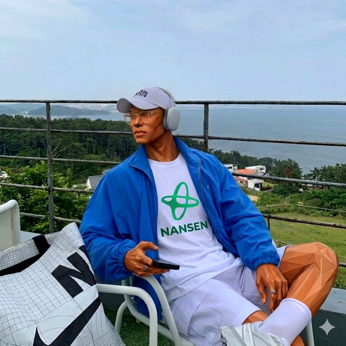A stylized 3D-rendered illustration of a man sitting outdoors wearing a blue jacket, headphones, and a white t-shirt featuring a green atom logo with the text 'NANSEN'.