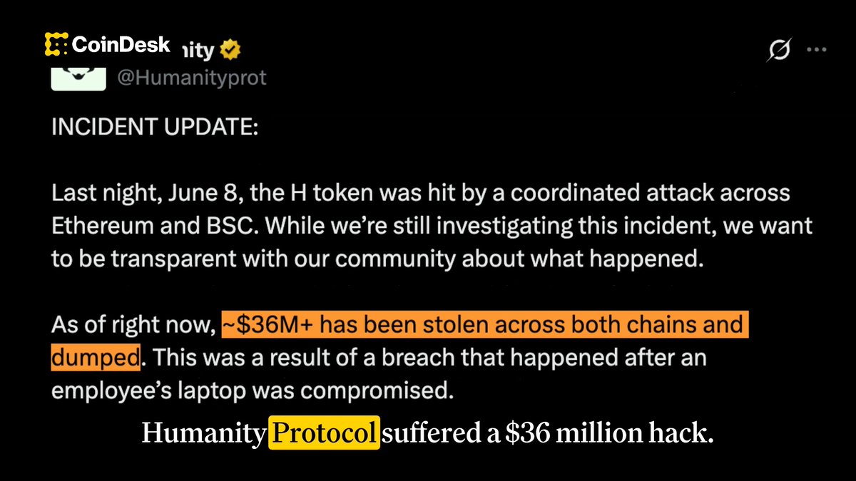 The image is a screenshot of a social media post about Bitcoin, where the main points are discussed as follows:
1. Someone hacked into Humanity Protocol's servers and stole $36M worth of cryptocurrency keys.
2. President Trump requests a pardon for this exploit.
3. Humanity Protocol has launched a synthetic Bitcoin token to compete with Coinbase & BitGo.
4. Sam Bankman-Fried formally asks President Trump for a pardon.