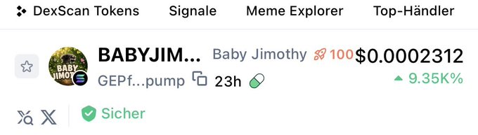 A DexScan Tokens screenshot shows BABYJIM (Baby Jimothy) priced at $0.0002312 with a 9.35K% gain, a 100 boost badge, and 23h activity, supporting the post's claim that the token is trending on DexScreener with 100 boosts.