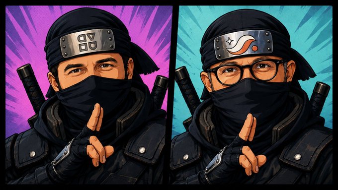 A side-by-side pop-art style illustration shows two ninja figures in dark tactical gear and masks, both making a "shh" gesture with their finger to their lips. The left ninja's headband displays a game controller icon against a purple background, while the right ninja's headband features a yin-yang symbol against a teal background—visually representing how STRK20 on Starknet balances privacy (the silent ninja) with usability and compliance (the playful, approachable design), mirroring the post's message about making privacy accessible for real adoption.