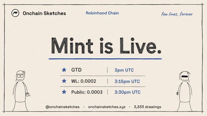 An 'Onchain Sketches' promotional graphic announcing 'Mint is Live' on Robinhood Chain, listing GTD at 3pm UTC, WL at 3:15pm UTC (0.0002), and Public at 3:30pm UTC (0.0003), with 3,333 drawings.
