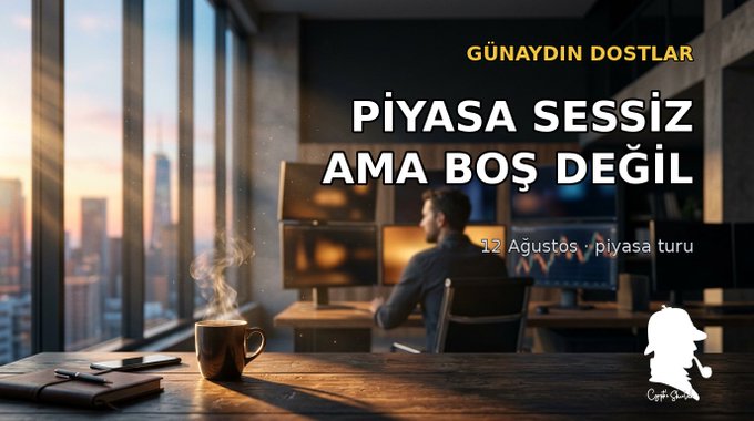 A serene office scene at sunrise shows a person working at a desk with multiple monitors, a steaming coffee cup, and a notebook in the foreground, while text overlay reads "GÜNAYDIN DOSTLAR" and "PİYASA SESSİZ AMA BOŞ DEĞİL" with a "12 Ağustos √piyasa turu" label and "Crypto Simdi" logo. The calm, contemplative atmosphere with quiet morning lighting visually mirrors the post's message about the crypto market being quiet but not empty during low volatility.
