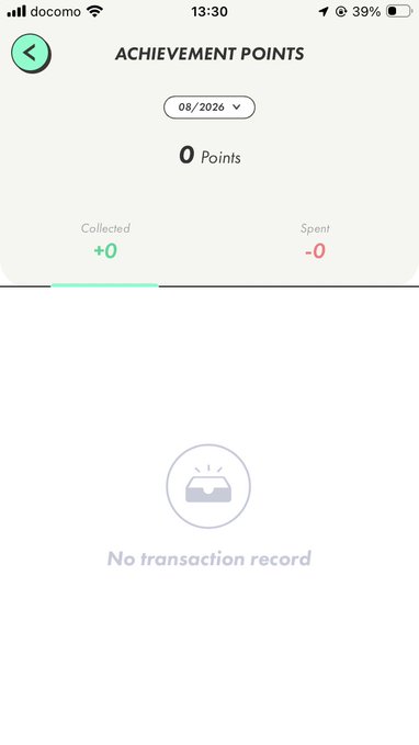 A mobile app screen titled 'ACHIEVEMENT POINTS' showing a balance of 0 points for August 2026, with a message indicating 'No transaction record'.