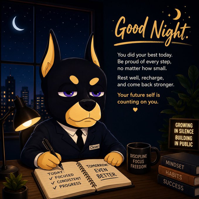 An illustrated motivational graphic titled "Good Night" features a Doberman wearing a suit and a "Clever" nametag, writing in a planner listing "Focused, Consistent, Progress" for today and "Tomorrow: Even Better," alongside books labeled "Mindset, Habits, Success" and a mug reading "Discipline Focus Freedom."