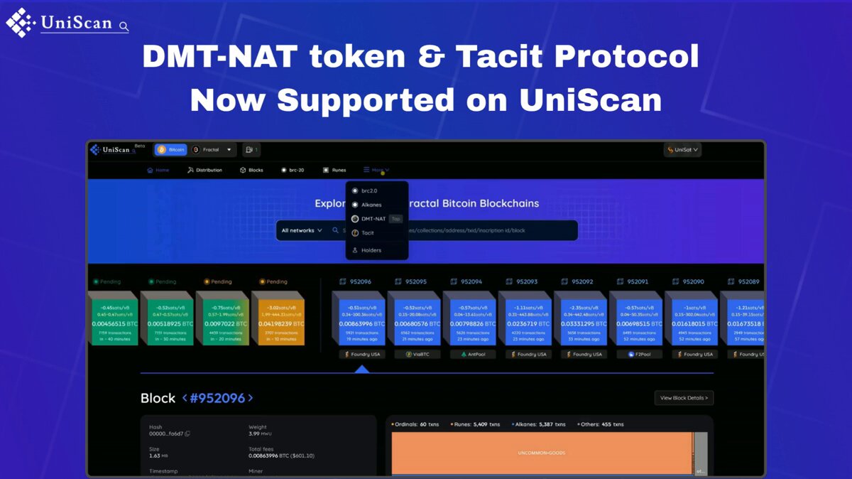The image features a computer screen displaying a website called "DMT-NAT token & TACT protocol NFT token & TACT protocol NFT protocol" with a blue background, white text, and a black border. The title of the image reads "DMT-NAT token & TACT protocol NFT token & TACT protocol NFT protocol". Below this image is a post that says "DMT-NAT token & TACT protocol NFT token & TACT protocol NFT protocol" in white text, and it also includes a link to the original website. The image also contains some text about Bitcoin miners and Bitcoin's shrinking security budget, which is related to the @unisat_wallet team supporting Bitcoin miners.
