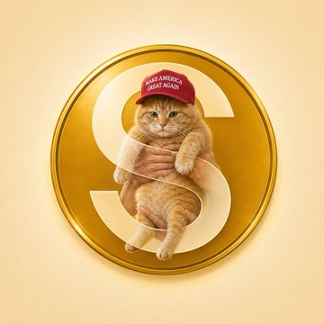 A digital illustration of an orange tabby cat wearing a red 'Make America Great Again' hat, being held against a large golden 'S' coin design on a yellow background.