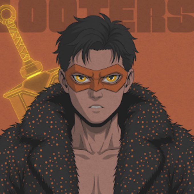 A digital comic illustration shows a young man with glowing yellow eyes wearing an orange mask and a black fur-collared coat, with 'FOOTHERS' partially visible behind him.