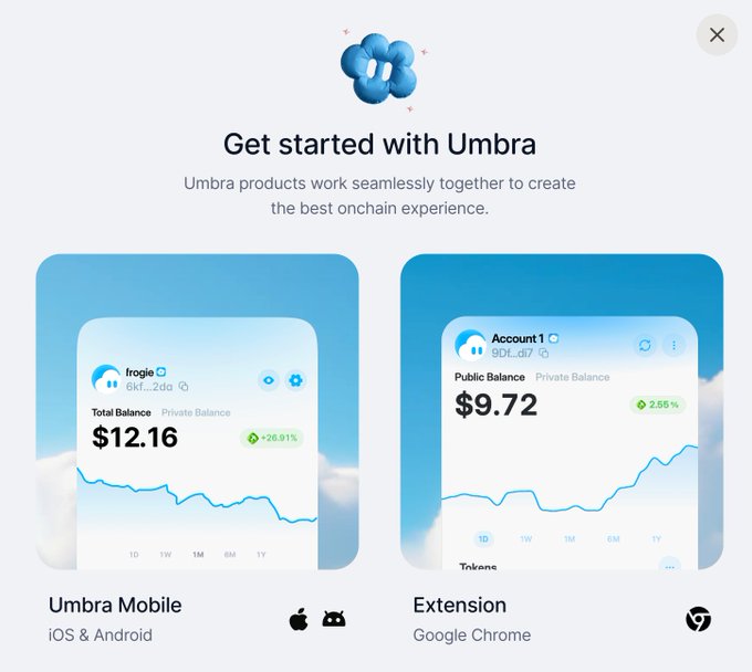 The image shows an app screen with two different icons for "Umbra" Privacy on a white background against blue clouds. These screens display their respective privacy policies, which state that any data sent between the user's device and Umbra's servers will be encrypted. This information may be useful for those interested in using Umbra's privacy services or app development platform, given its focus on ensuring user privacy and data security within the Solana ecosystem.