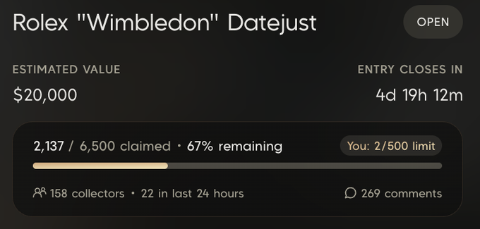 A digital collectible listing for a 'Rolex Wimbledon Datejust' watch with an estimated value of $20,000, showing 2,137 of 6,500 claimed (67% remaining) with 4 days, 19 hours until entry closes.