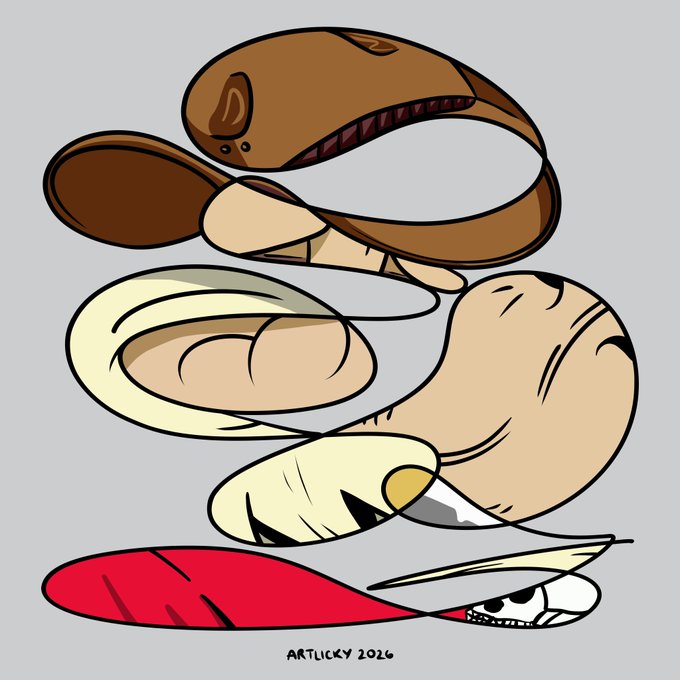 A stylized digital illustration showing the evolution of a creature from a red fish-like base to a humanoid figure, topped with a snake-like head, signed "ARTLICKY 2026".