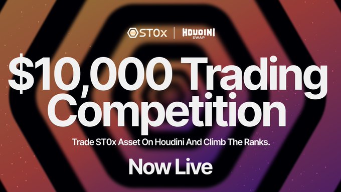 A promotional graphic for a '$10,000 Trading Competition' on STOx Asset via Houdini Swap, with the text 'Now Live' and 'Trade STOx Asset On Houdini And Climb The Ranks.'