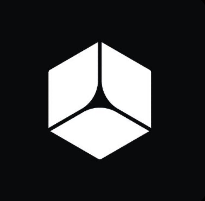 A minimalist white geometric cube logo on a black background.