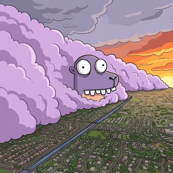 A whimsical illustration depicts a purple cartoon character with a large, toothy grin emerging from thick, lavender-hued smoke clouds that loom ominously over an aerial view of a sprawling suburban landscape at sunset, visually echoing the post's menacing "Hypz coming in waves" warning to potential NFT minters.