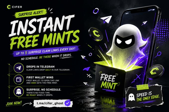 Cifer promotional graphic advertising “Instant Free Mints” and “up to 5 surprise claim links every day,” with instructions to drop in Telegram, be the first wallet to win, and join at t.me/cifer_ghost.