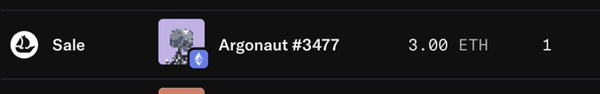 A small UI element showing a completed "Sale" of an NFT named "Argonaut #3477" for "3.00 ETH".