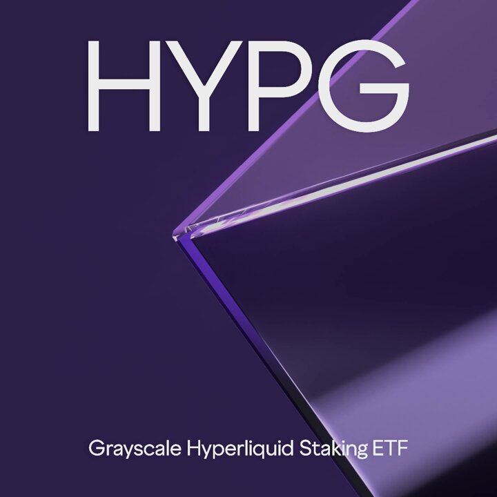 The image features a purple background with white text that reads "HYPG" at the top of the frame. Below this, there are two lines of text that read "Grayscale Hyperliquid ETP" and "the HYPE ETP with the lowest gross management fee in the U.S." The image also includes an arrow pointing to a specific point on the purple background, possibly indicating the start time or location for the trading activity associated with the ETF.