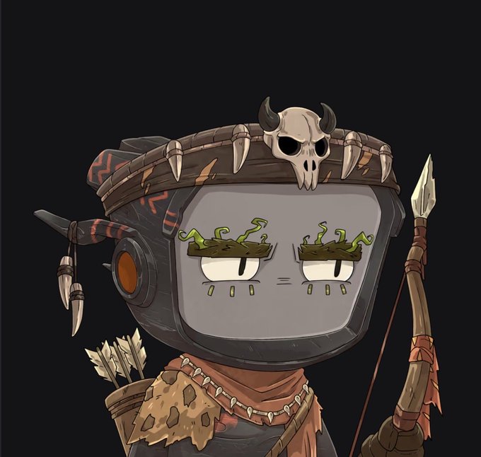 An illustration of a stylized tribal warrior character with a TV-shaped head, wearing a horned skull headdress and a necklace of teeth, carrying arrows and a bow.