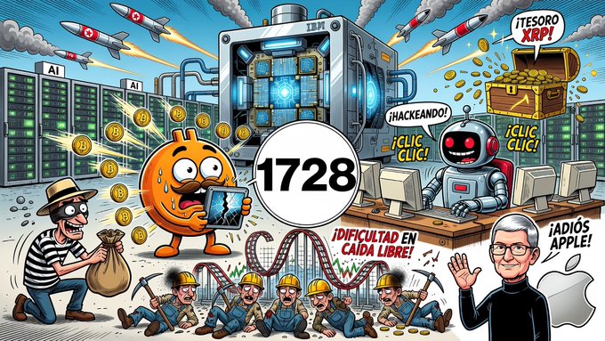A chaotic cartoon illustration centered around the number '1728' featuring crypto/tech themes, including a sweating Bitcoin character, a robot labeled '¡HACKEANDO!', missiles, miners with pickaxes, and Tim Cook waving next to an Apple logo, with text like '¡TESORO XRP!' and '¡ADIÓS APPLE!'.