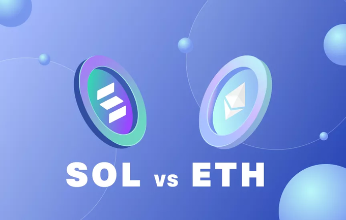 A digital graphic shows the Solana (SOL) and Ethereum (ETH) cryptocurrency logos side by side with the text 'SOL vs ETH' against a blue gradient background.