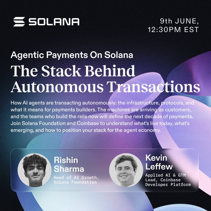 The image shows two men smiling at the camera while standing next to each other against a black background. The text "Agricultural Payments On Solana" is written above them, indicating that they are discussing payments related to Solana. The image also includes a link to an article about payment rails and agents on Solana, which provides more information about the topic of discussion between the two men in the image.