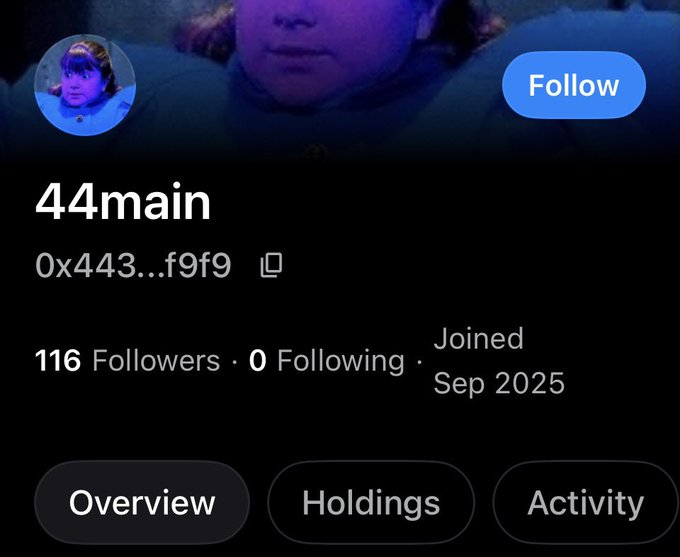 A profile page for the user "44main" (wallet address 0x443...f9f9) with 116 followers, 0 following, who joined in September 2025, displayed alongside the caption joking that seeing them in any NFT collection signals its downfall.