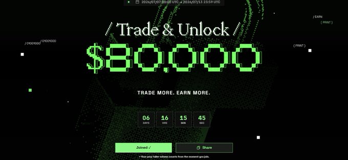 A promotional graphic with a retro digital display showing "Trade & Unlock $80,000" with a countdown timer (06 days, 16 min, 15 sec, 45 msec) and Join/Share buttons.