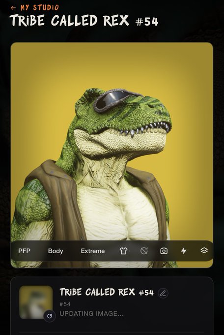 A mobile app interface displaying an NFT collection called 'TRIBE CALLED REX #54', featuring a 3D render of a T-Rex wearing goggles and a vest.