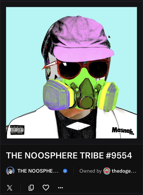 NFT image of a person wearing a pink cap, red sunglasses, and a green gas mask, with 'THE NOOSPHERE TRIBE #9554' text and owner details visible.