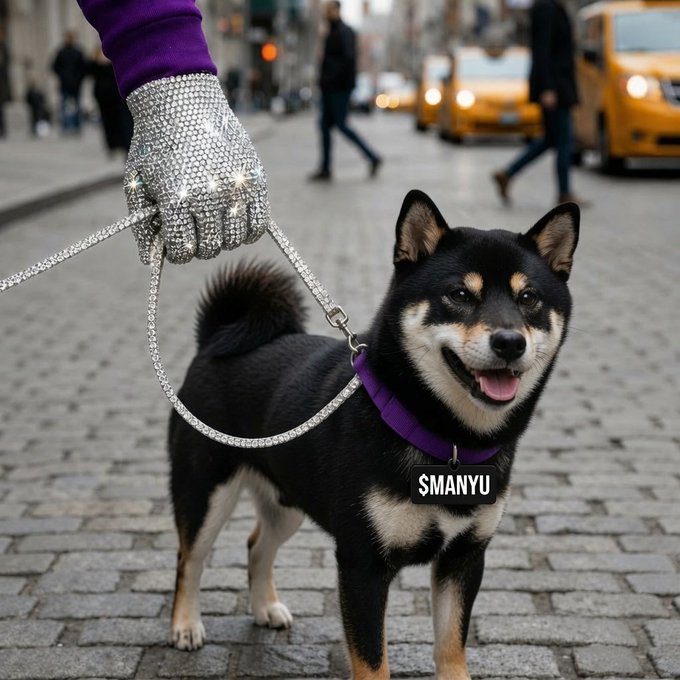 A black and tan Shiba Inu dog named 'SMANYU' (per its tag) walks on a cobblestone street wearing a purple collar and a rhinestone-studded purple leash held by a gloved hand.