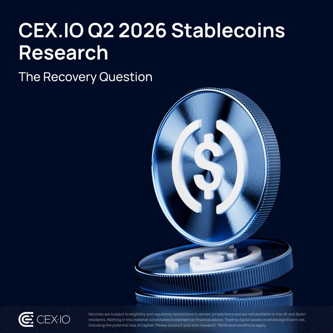 The image is the cover of "CEX.IO Q2 2026 Stablecoins Research: The Recovery Question," featuring a stylized blue 3D rendering of stacked coins marked with a dollar sign on a dark navy background.

The cover directly supports the post's central theme, as its title "The Recovery Question" frames the exact question posed about stablecoins' path forward in H2 2026, while the accompanying CEX.IO research appears to provide the analysis on whether this cycle's recovery will outpace the last.
